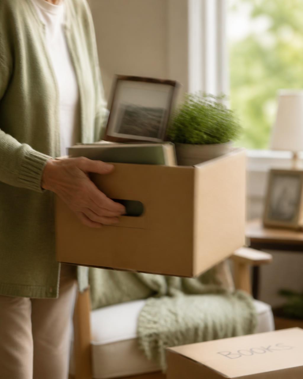 Hands carrying a moving box in warm window light, representing a gentle transition to senior living